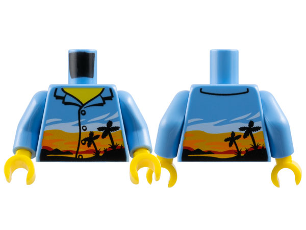 Torso Shirt with Buttons and Tropical Sunset with Bright Light Orange Sky and Black Palm Trees, Yellow Neck Pattern / Medium Blue Arms / Yellow Hands