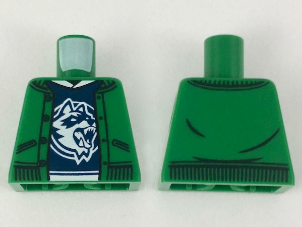 Torso Jacket over Dark Blue Shirt with White Collar and Raccoon Logo Pattern