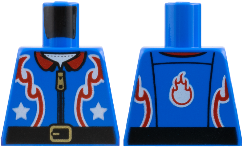 Torso Flight Suit Jacket with Zipper and Red Flames and Collar, White Stars and Black Belt Pattern