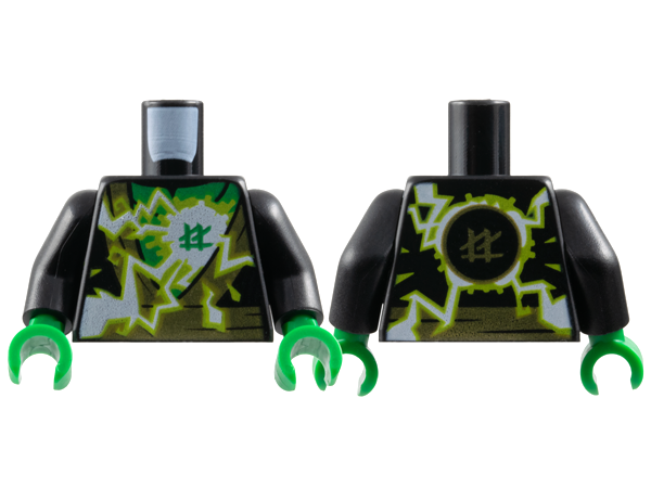 Torso Ninja Robe with Gold Hems and Sash, Green Scarf, Spinjitzu Electricity Burst Pattern / Black Arms / Green Hands