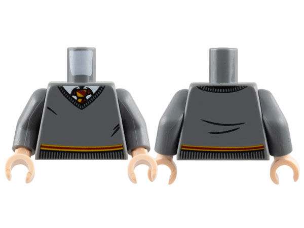 Torso V-Neck Sweater, White Collar, Red and Yellow Tie and Waist Trim (Gryffindor) Pattern / Dark Bluish Gray Arms / Light Nougat Hands
