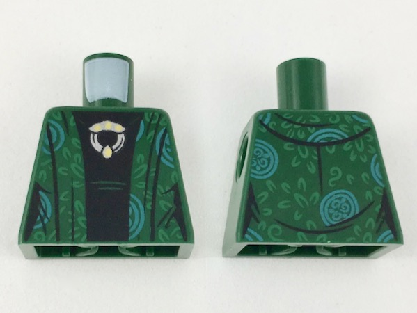 Torso Female Robe with Green and Bright Light Blue Design, Black Shirt with Silver and Gold Brooch Pattern