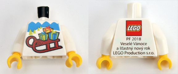 Torso Kladno with Sled and Gifts on Front, 'PF 2018' and Lego Logo on Back Pattern / White Arms / Yellow Hands