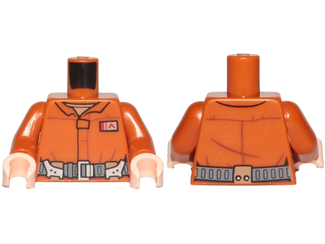 Torso SW Pilot Jumpsuit with Dark Bluish Gray Belt and Resistance Army Commander Rank Badge Pattern (Poe Dameron) / Dark Orange Arms / Light Nougat Hands