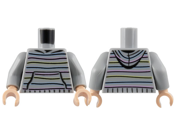 Torso Hoodie with Bright Light Yellow, Bright Pink, and Bright Light Blue Horizontal Stripes, Wide Front Pocket Pattern / Light Bluish Gray Arms / Light Nougat Hands