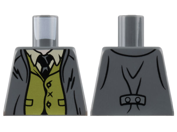 Torso Suit Jacket Open over Olive Green Vest, Tan Shirt, Black Tie, Light Nougat Neck Pattern