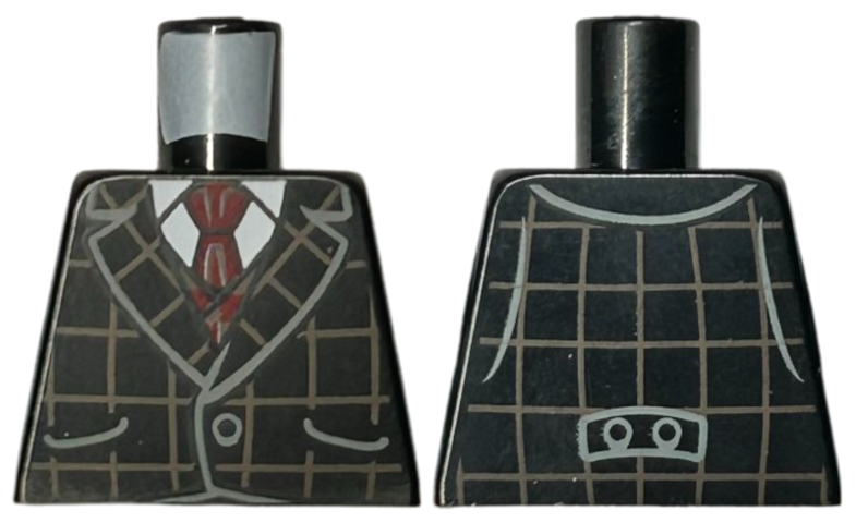 Torso Suit Jacket with Dark Tan Checkered Lines over Dark Red Vest and White Shirt with Collar, Tie Pattern