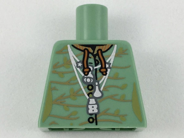 Torso Female Robe with Buttons and Medium Nougat Branches with Olive Green Leaves, Silver Necklaces Pattern