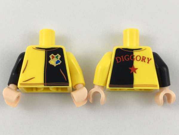 Torso Jersey with Black on Left with Hogwarts Crest, Red 'Diggory' and Star on Back Pattern / Yellow Arm Left / Black Arm Right / Light Nougat Hands