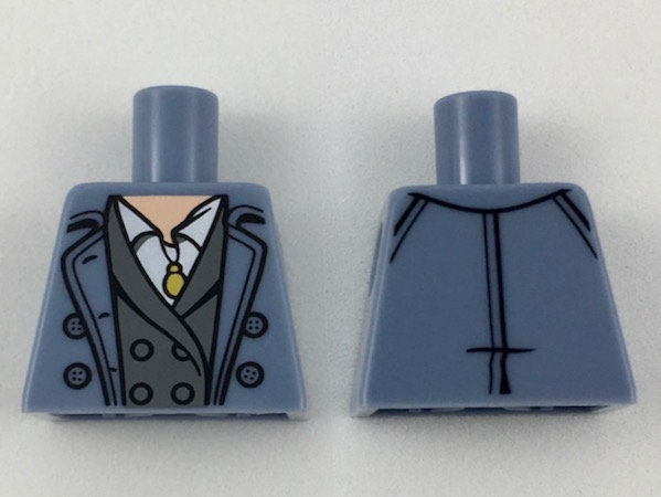 Torso Trench Coat Open with Buttons over Dark Bluish Gray Jacket and White Shirt, Gold Pendant Necklace, Light Nougat Neck Pattern