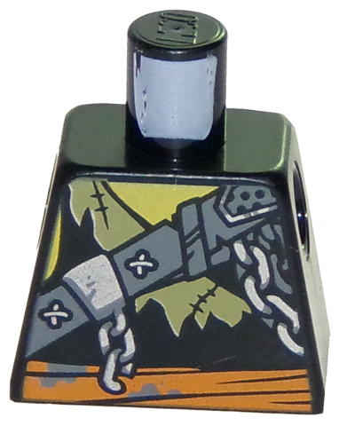 Torso Ninjago Broken Chain, Olive Green Stitched Tattered Shirt Fragment, Orange Sash Pattern