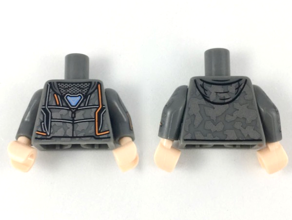 Torso Hoodie with Dark Silver Camouflage and Orange Trim, Triangle Arc Reactor Pattern / Dark Bluish Gray Arms with Dark Silver Camouflage and Orange Trim Pattern / Light Nougat Hands