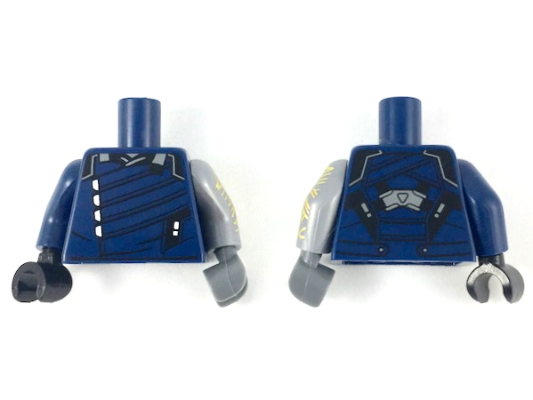 Torso Jacket with Silver Trim Pattern / Flat Silver Arm Left with Gold Circuitry Pattern / Dark Blue Arm Right / Dark Bluish Gray Hand Left / Black Hand Right