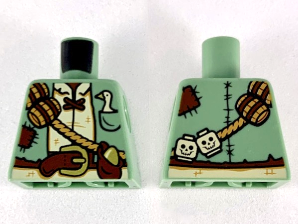 Torso Jacket with Tan Shirt, Reddish Brown Belt and Patches, Barrels and Skulls on Rope Sash, Goose in Pocket, and Gold Egg in Pouch Pattern