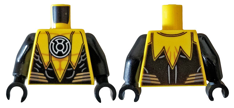 Torso Super Hero Yellow Lantern Logo on Black Circle, Muscle Contours, Black Scalloped Panels, Silver Stripes Pattern / Black Arms / Black Hands