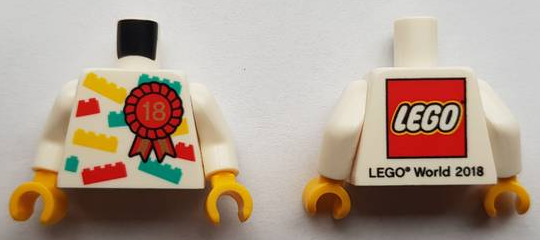 Torso LEGO World The Netherlands 2018 with Award Ribbon with Number 18 Pattern / White Arms / Yellow Hands