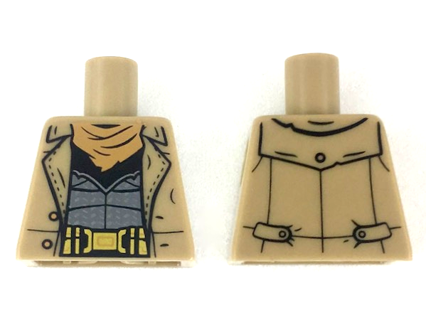 Torso Trench Coat Open with Buttons over Dark Bluish Gray Armor Suit, Gold Utility Belt, Nougat Bandana Pattern