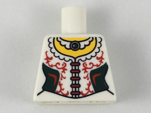 Torso Female Corset with Ruffled Collar, Black Side Panels, and Red Filigree, Necklace with Round Jewel, Yellow Neck Pattern (BAM)