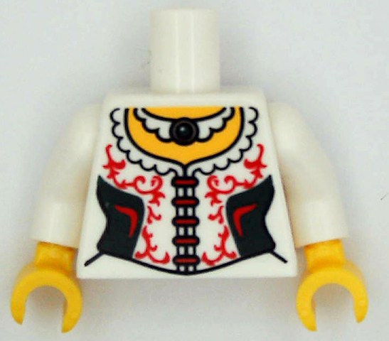 Torso Female Corset with Ruffled Collar, Black Side Panels, and Red Filigree, Necklace with Round Jewel, Yellow Neck Pattern (BAM) / White Arms / Yellow Hands