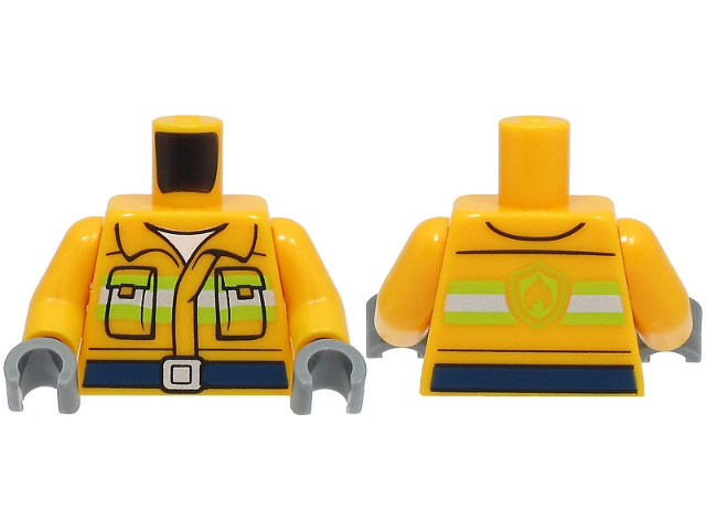 Torso Fire Reflective Stripes with Pockets, Dark Blue Belt, and Fire Logo on Back Pattern / Bright Light Orange Arms / Dark Bluish Gray Hands