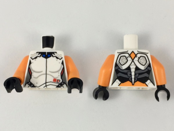 Torso Female Bodysuit, Black Center Seam and Collar, Blue Squares at Neck, Red Squares by Belt Pattern / Orange Arms / Black Hands