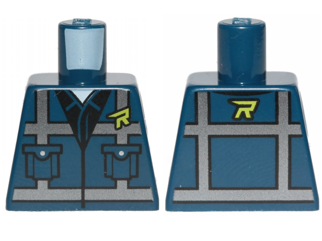 Torso Safety Vest with Pockets, Silver Reflective Crossed Stripes, and Lime Stylized Capital Letter R over Black Shirt and White Undershirt Pattern