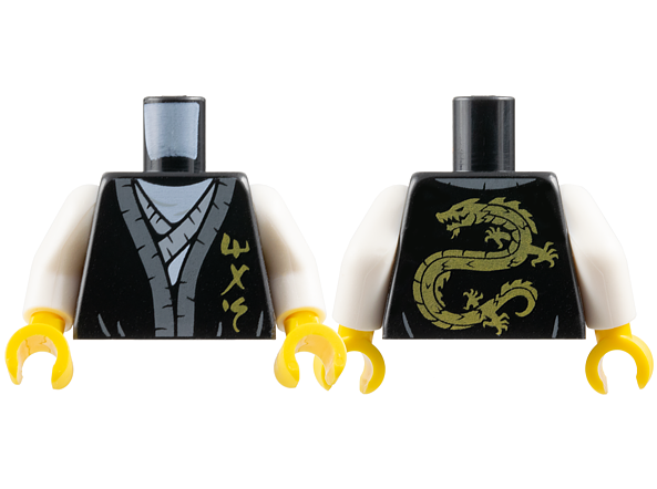 Torso Robe with Dark Bluish Gray Hem, Gold Ninjago Logogram 'MAS', Light Bluish Gray Tunic Pattern / White Arms / Yellow Hands