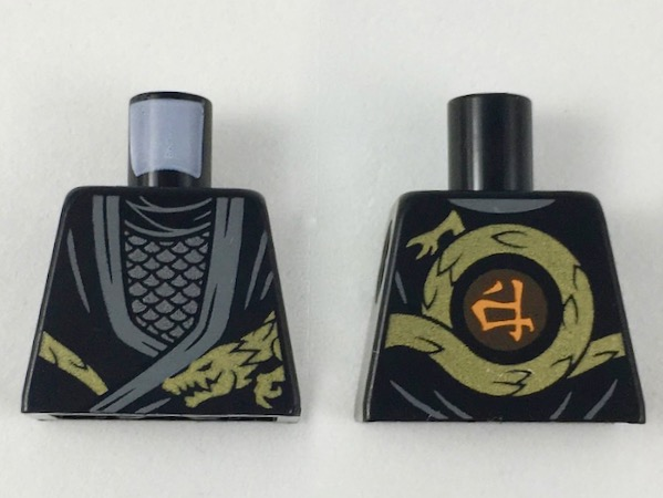 Torso Ninjago Robe with Dark Bluish Gray Hems, Gold Dragon Head and Tail, Silver Scale Armor Pattern