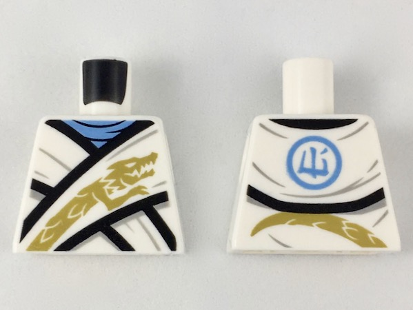 Torso Ninjago Wrapped Robe with Bright Light Blue Neck Ruffle, Black Hems, Gold Dragon Pattern