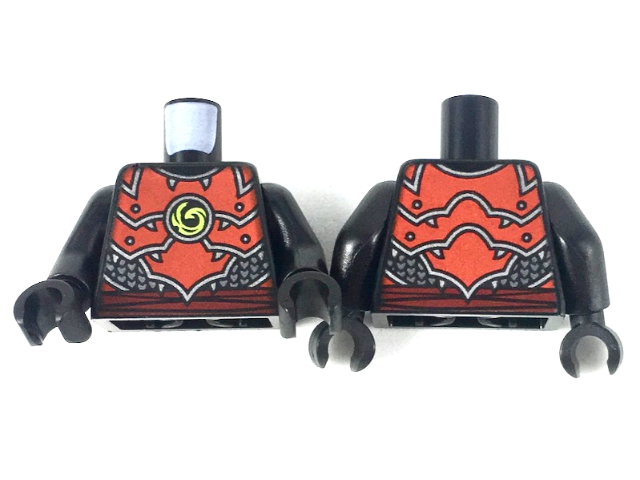 Torso Ninjago Red Plate Armor and Belt, Silver Scale Armor, Lime Swirl Medallion Pattern / Black Arms / Black Hands