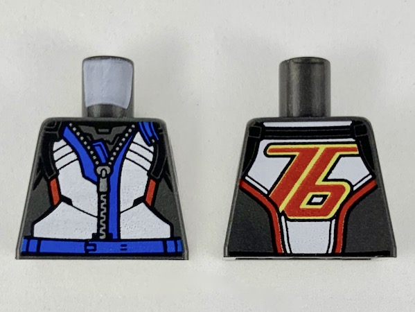 Torso Jumpsuit with White Front Panel, Blue Along Silver Zipper, Red '76' on Back Pattern