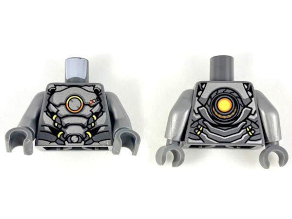 Torso Silver Plate Armor, Orange and Yellow Circle, Yellow Highlights Pattern / Flat Silver Arms / Dark Bluish Gray Hands