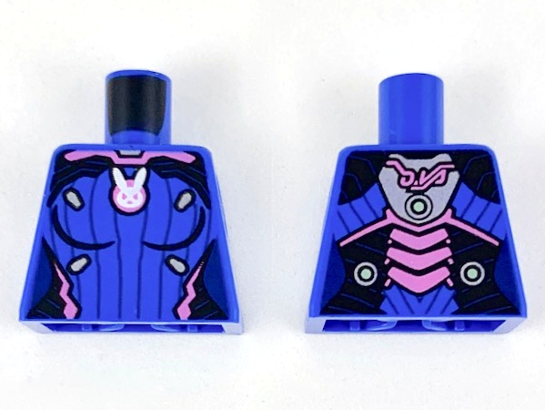 Torso Female Bodysuit, Dark Pink Trim, White Rabbit Head in Dark Pink Circle, 8 Dark Blue Vertical Stripes Pattern