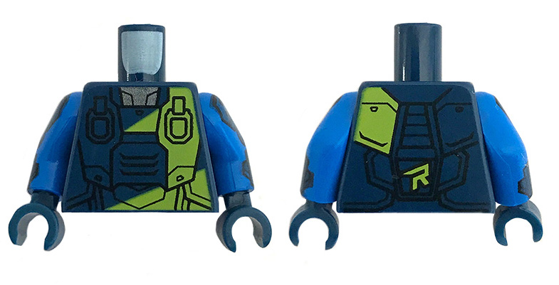 Torso Spacesuit with Lime 'R' and Stripe over Reflective Shirt Pattern / Blue Arms with Dark Blue Pads / Dark Blue Hands