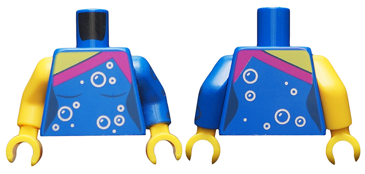 Torso Female Top, Magenta Trim, Silver Bubbles Pattern / Blue Arm Left with Silver Bubbles Pattern / Yellow Arm Right / Yellow Hands