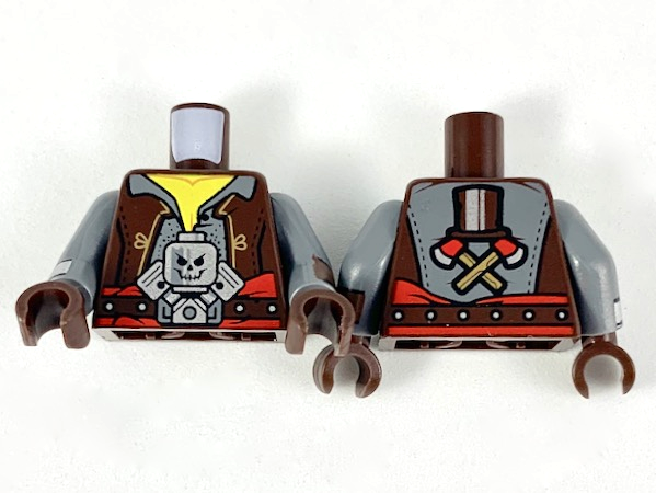 Torso Vest, Dark Bluish Gray Shirt, Silver Minifigure Skull Pattern / Dark Bluish Gray Arms with Dark Brown and Silver Cuffs Pattern / Dark Brown Hands