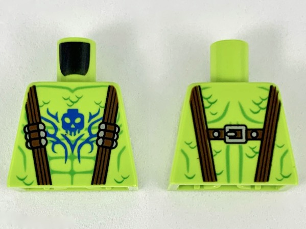 Torso Dark Brown Suspenders with Silver Bullets, Green Muscle and Scale Lines, Blue Skull and Filigree Tattoo Pattern