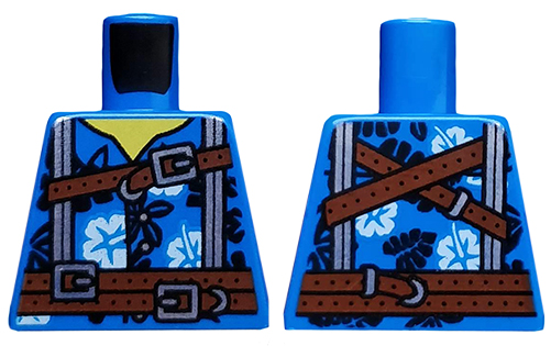 Torso Hawaiian Shirt with White Flowers, Reddish Brown Belt and Straps, Silver Suspenders Pattern