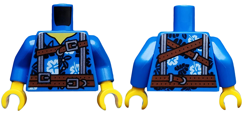 Torso Hawaiian Shirt with White Flowers, Reddish Brown Belt and Straps, Silver Suspenders Pattern / Blue Arms / Yellow Hands