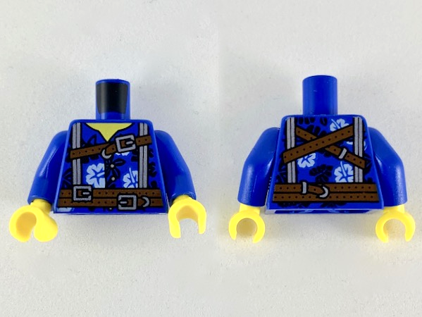 Torso Hawaiian Shirt with White Flowers, Reddish Brown Belt and Straps, Silver Suspenders Pattern / Blue Arms / Yellow Hands