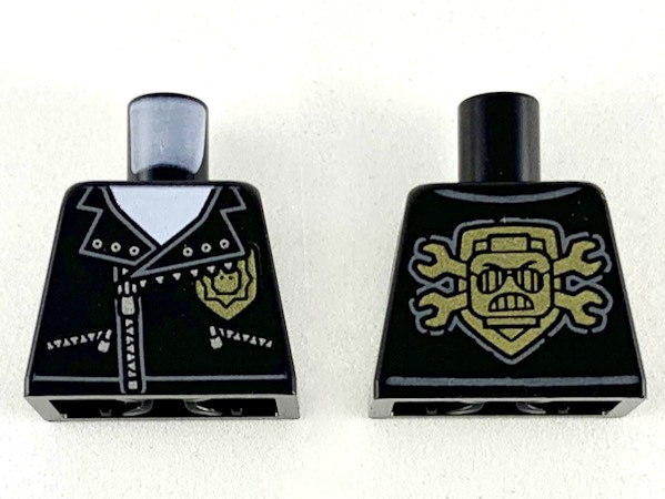 Torso Police Silver Zippers and Rivets, Gold Badge Front, Gold Emblem with Minifigure Head and Wrenches Back Pattern