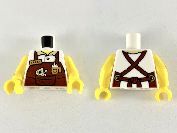 Torso Reddish Brown Apron with Cup, 'LARRY' Name Tag, Straps Pattern / Yellow Arm Left / Yellow Arm Right with Black Tattoo Pattern / Yellow Hands