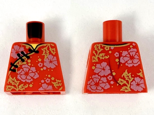 Torso Qipao with Gold Hem and Leaves, Black Clasps, Metallic Pink Flowers Pattern