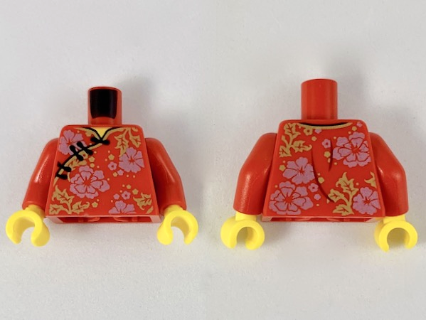 Torso Qipao with Gold Hem and Leaves, Black Clasps, Metallic Pink Flowers Pattern / Red Arms / Yellow Hands