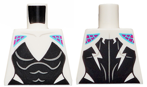 Torso Female Black Bodysuit with Deep V Neck, Magenta Shoulders with Medium Azure Webbing Pattern