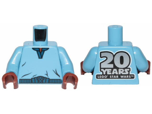 Torso SW V-Collar Shirt and Dark Blue Trim with '20 YEARS LEGO STAR WARS' on Back Pattern (Lando Calrissian) / Medium Blue Arms / Reddish Brown Hands
