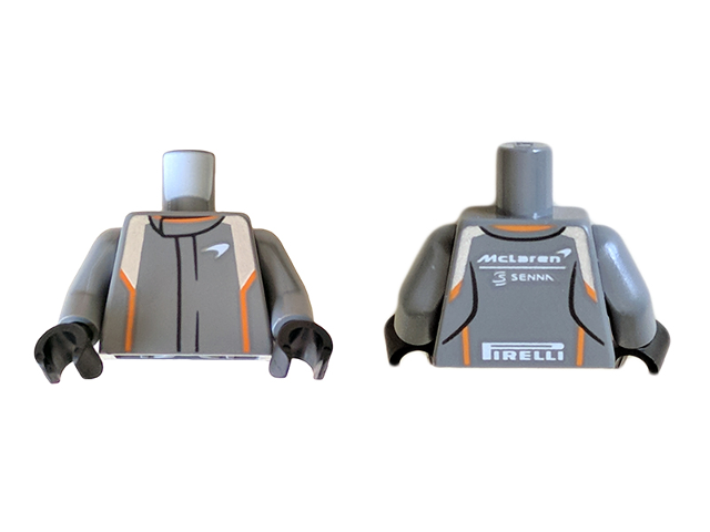 Torso Racing Suit with Orange and Silver Stripes, 'McLaren', 'SENNA' and 'PIRELLI' Logo Pattern / Dark Bluish Gray Arms / Black Hands