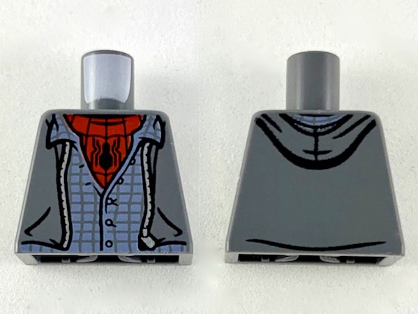 Torso Jacket with Hood, Silver Zipper, Sand Blue Shirt, Red Undershirt with Black Spider and Webs Pattern