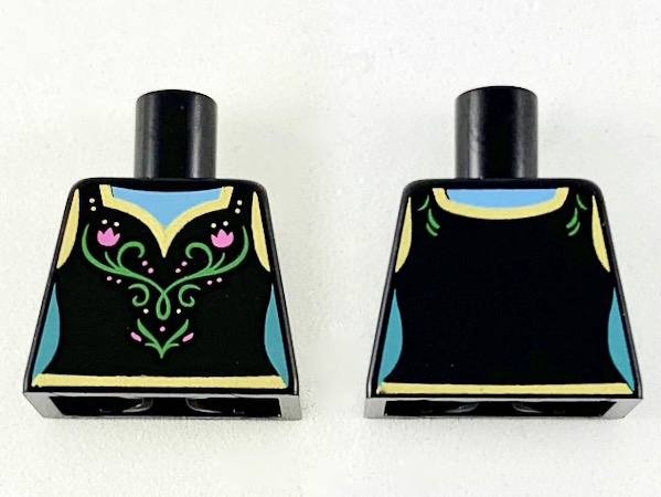 Torso Female Dress, Gold Hems, Dark Pink Flowers and Green Filigree Pattern