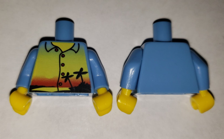 Torso Shirt with Sunset and Palm Trees, Red Buttons without Back Print Pattern / Medium Blue Arms / Yellow Hands